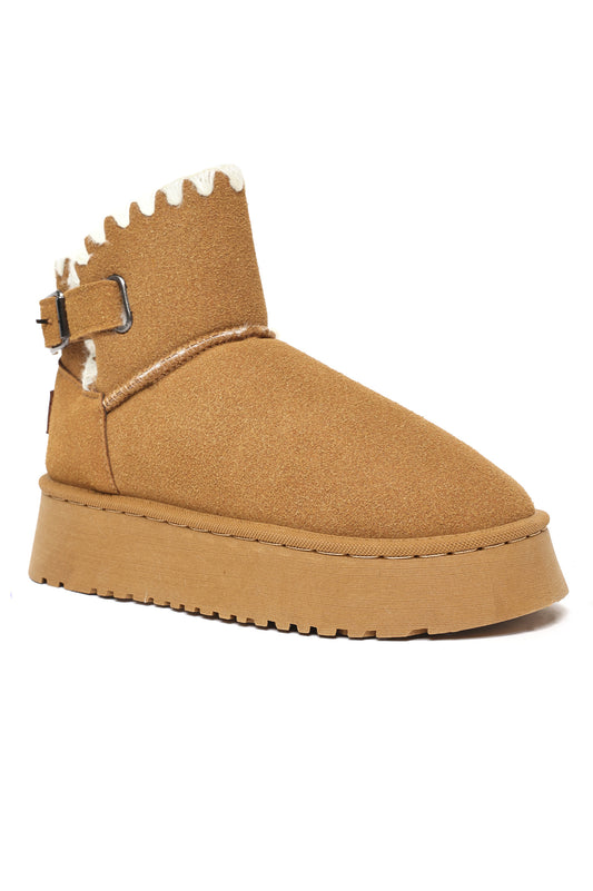 Shearling Trim Platform Boots-Camel