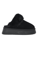 Faux Fur Trimmed Slippers-Black