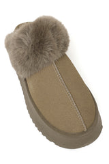 Faux Fur Trimmed Slippers-Khaki