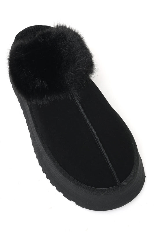 Faux Fur Trimmed Slippers-Black