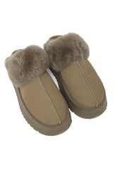 Faux Fur Trimmed Slippers-Khaki