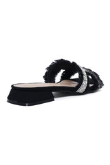 PEARL-EMBELLISHED DENIM SLIDE-BLACK