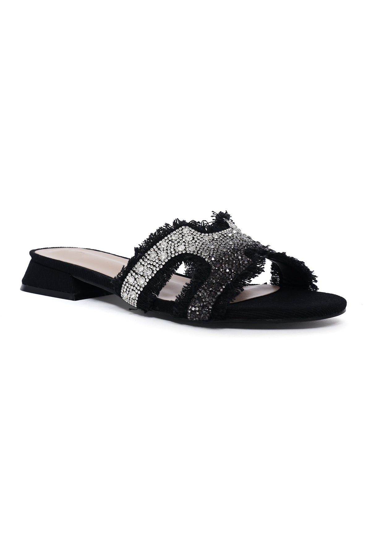 PEARL-EMBELLISHED DENIM SLIDE-BLACK