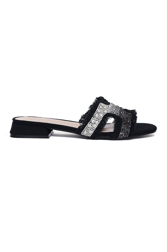 PEARL-EMBELLISHED DENIM SLIDE-BLACK