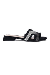 PEARL-EMBELLISHED DENIM SLIDE-BLACK