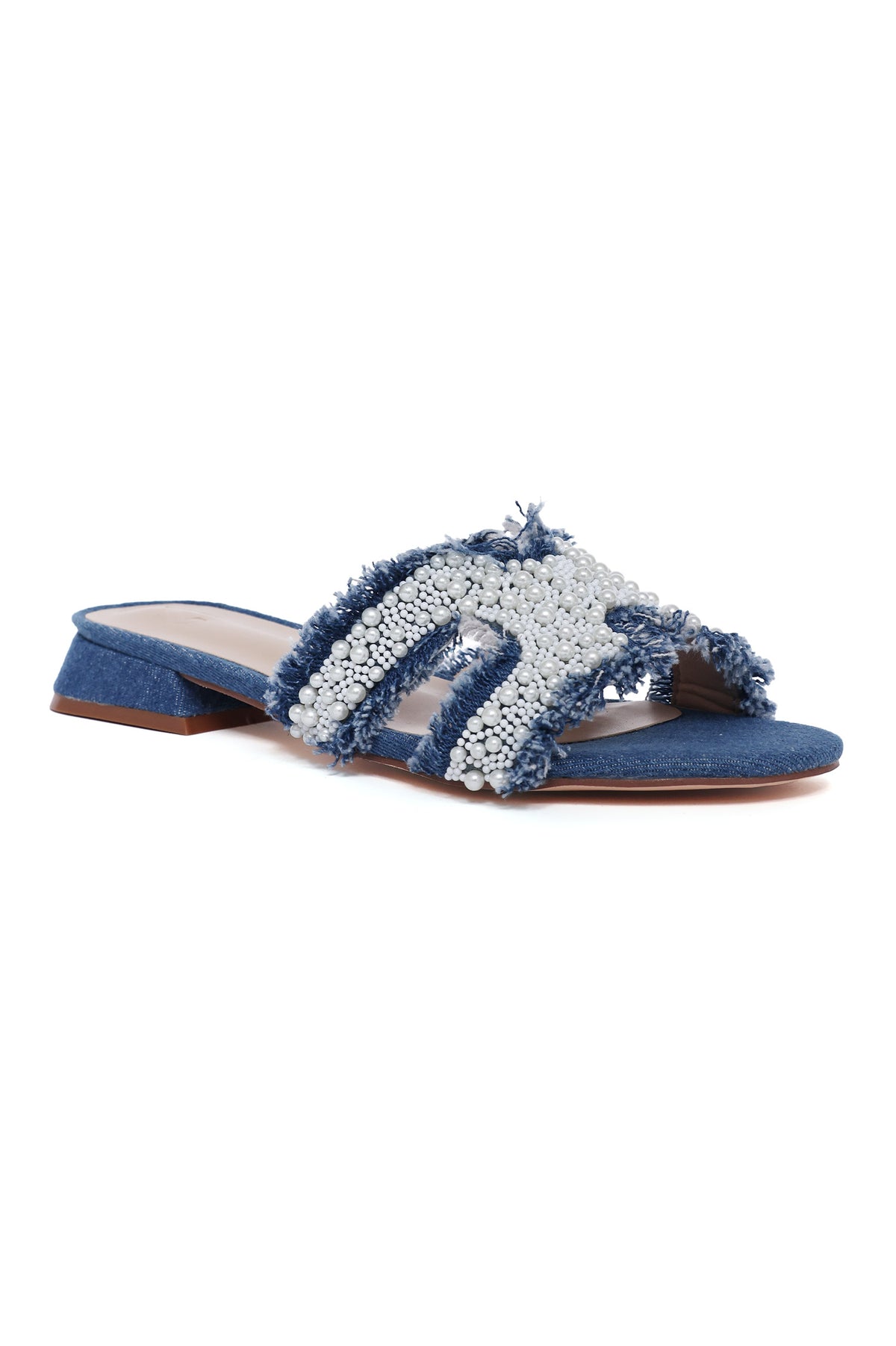 PEARL-EMBELLISHED DENIM SLIDE-BLACK