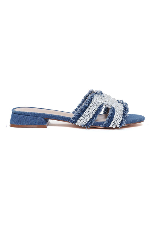 PEARL-EMBELLISHED DENIM SLIDE-BLACK