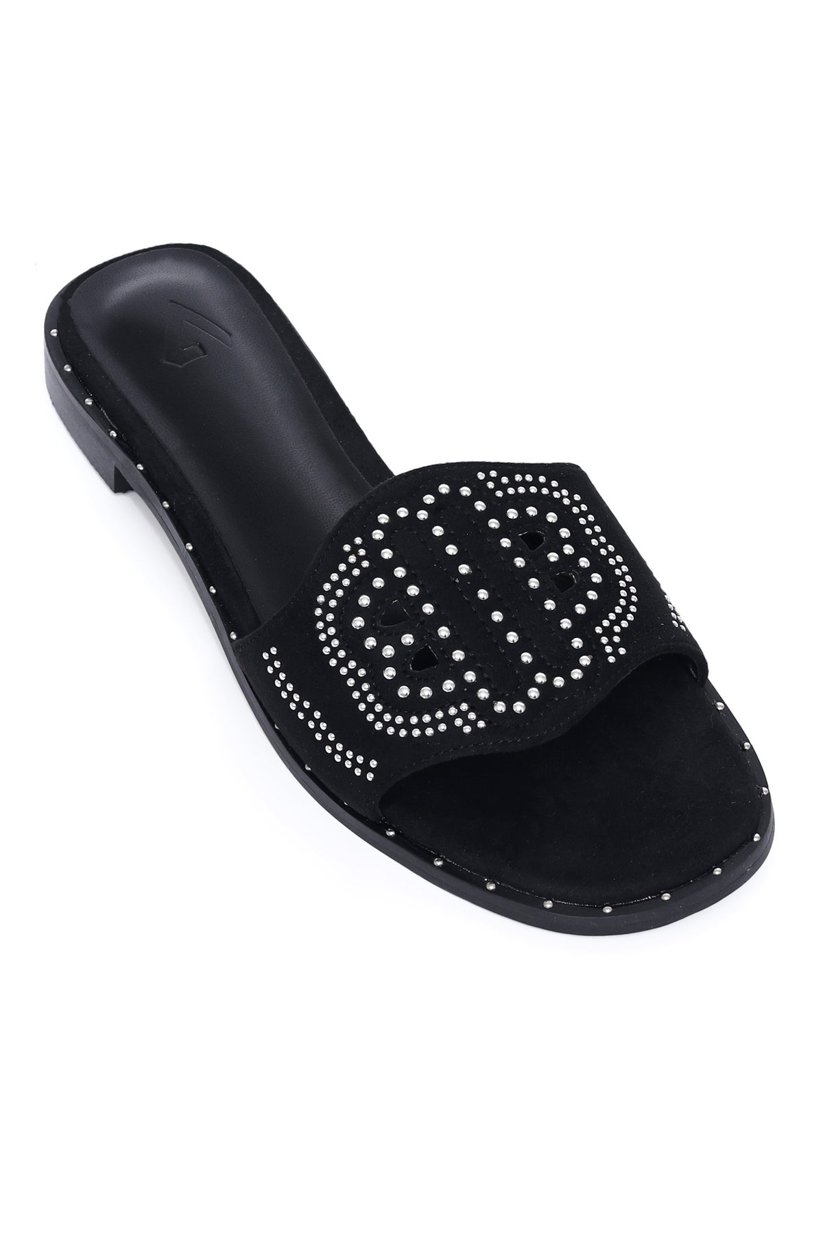 LUXE STUDDED SLIP-ON SANDAL-BLACK