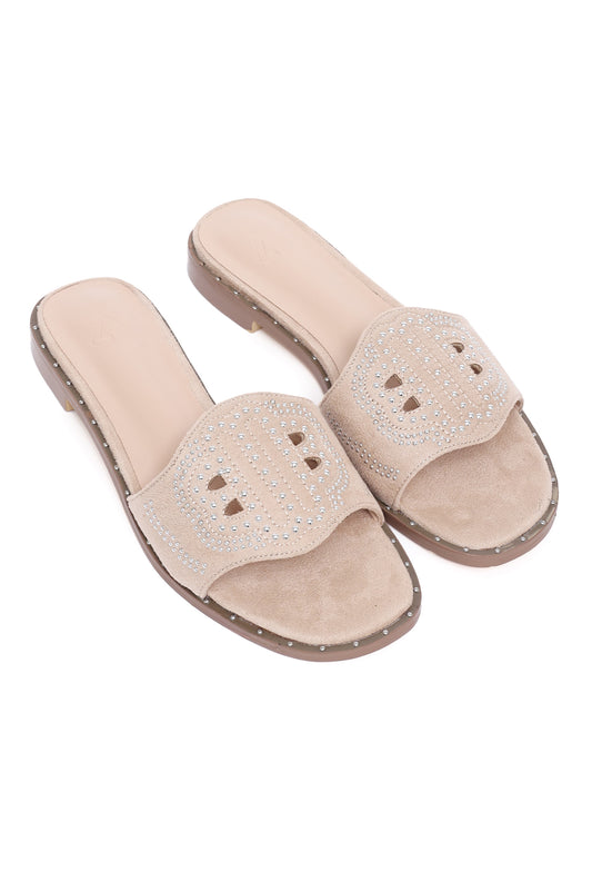 LUXE STUDDED SLIP-ON SANDAL-BEIGE