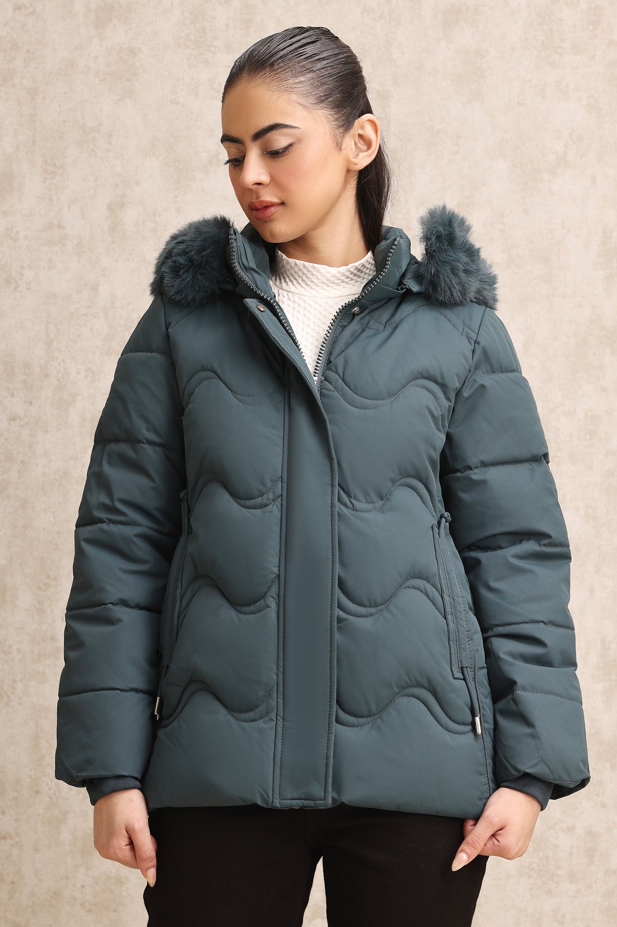 WAVE-STITCHED PUFFER JACKET-GREEN