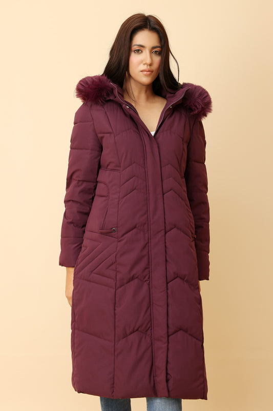 QUILTED LONGLINE JACKET-MAROON