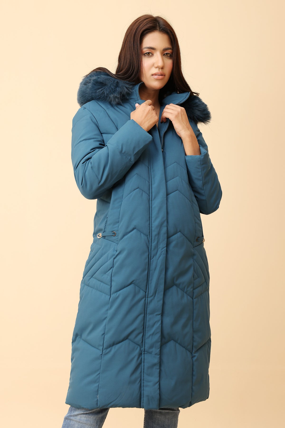 QUILTED LONGLINE JACKET-BLUE