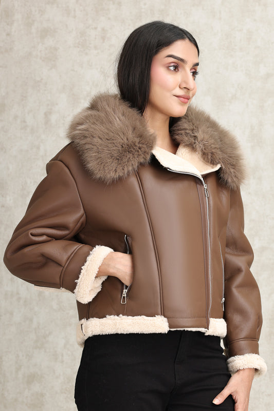 SHEARLING AVIATOR JACKET-COFFEE