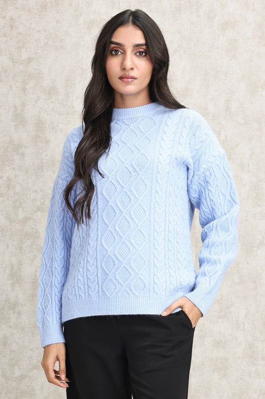 CABLE KNIT PULLOVER SWEATER-BLUE