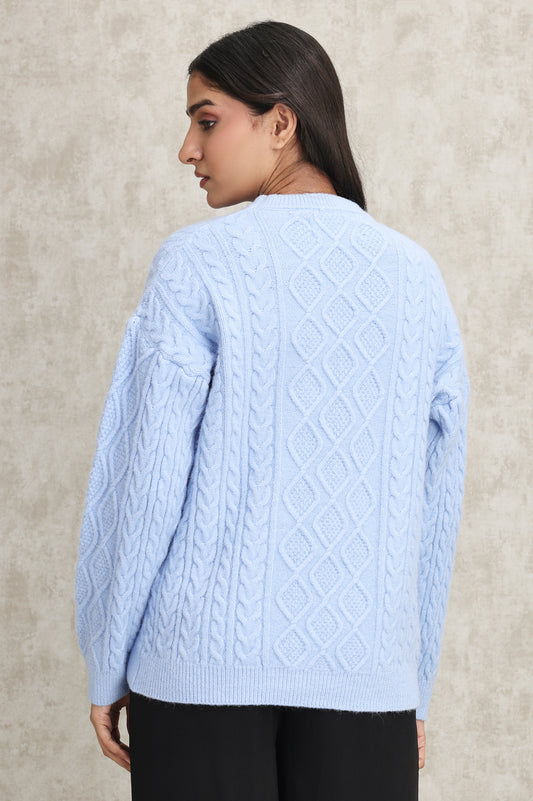 CABLE KNIT PULLOVER SWEATER-BLUE