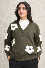 FLORAL KNIT CARDIGAN-OLIVE