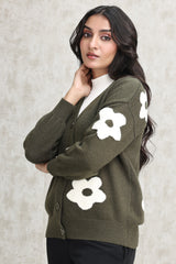 FLORAL KNIT CARDIGAN-OLIVE