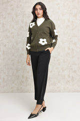 FLORAL KNIT CARDIGAN-OLIVE