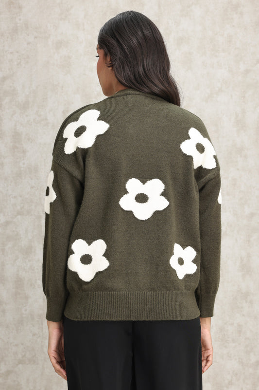 FLORAL KNIT CARDIGAN-OLIVE