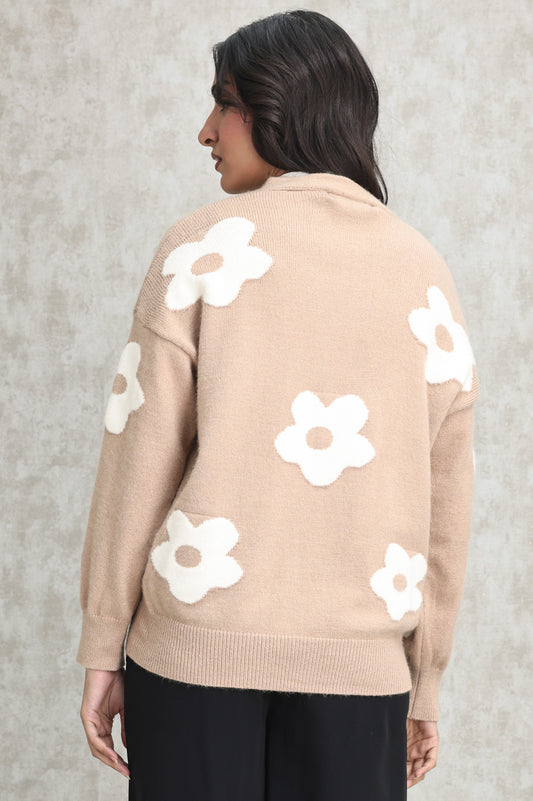 FLORAL KNIT CARDIGAN-BEIGE