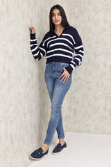 STRIPED KNIT POLO SWEATER-NAVY