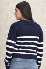 STRIPED KNIT POLO SWEATER-NAVY