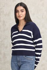 STRIPED KNIT POLO SWEATER-NAVY