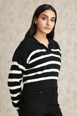 STRIPED KNIT POLO SWEATER-BLACK