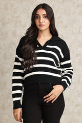 STRIPED KNIT POLO SWEATER-BLACK