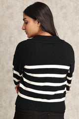 STRIPED KNIT POLO SWEATER-BLACK