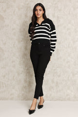 STRIPED KNIT POLO SWEATER-BLACK