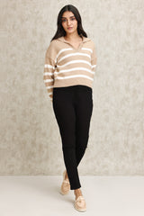 STRIPED KNIT POLO SWEATER-BEIGE