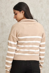 STRIPED KNIT POLO SWEATER-BEIGE