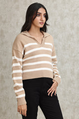 STRIPED KNIT POLO SWEATER-BEIGE