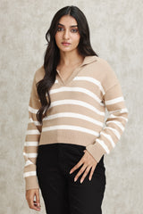 STRIPED KNIT POLO SWEATER-BEIGE