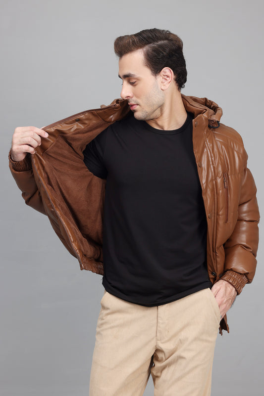 HOODED PUFFER JACKET-COFFEE