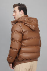 HOODED PUFFER JACKET-COFFEE