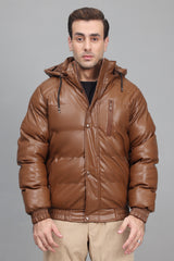 HOODED PUFFER JACKET-COFFEE