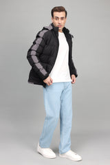 SPORTY HOODED PUFFER JACKET-BLK/GREY