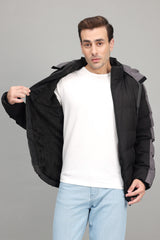 SPORTY HOODED PUFFER JACKET-BLK/GREY