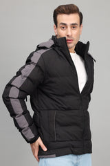 SPORTY HOODED PUFFER JACKET-BLK/GREY