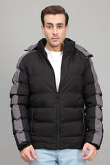 SPORTY HOODED PUFFER JACKET-BLK/GREY