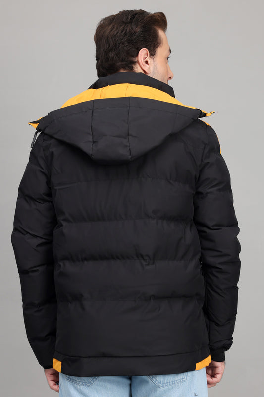 SPORTY HOODED PUFFER JACKET-BLK/YELLOW