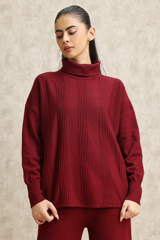 TURTLENECK KNITWEAR ENSEMBLE-MAROON