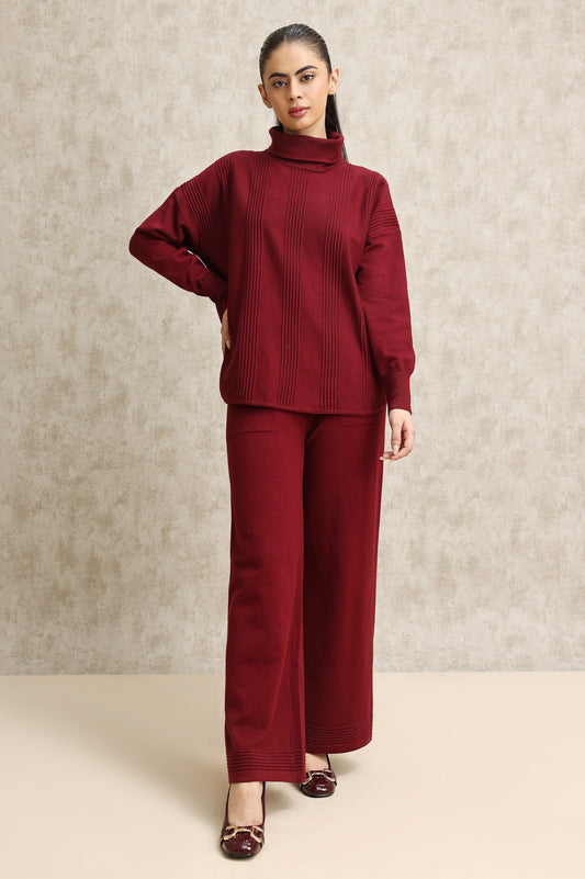 TURTLENECK KNITWEAR ENSEMBLE-MAROON