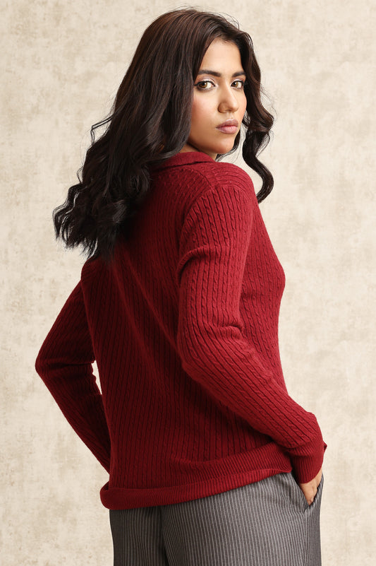 RIBBED V-NECK SWEATER-MAROON