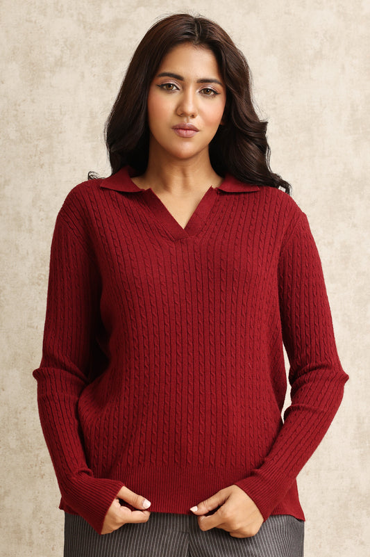 RIBBED V-NECK SWEATER-MAROON