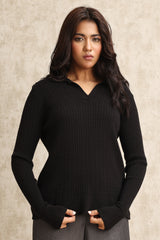 RIBBED V-NECK SWEATER-BLACK