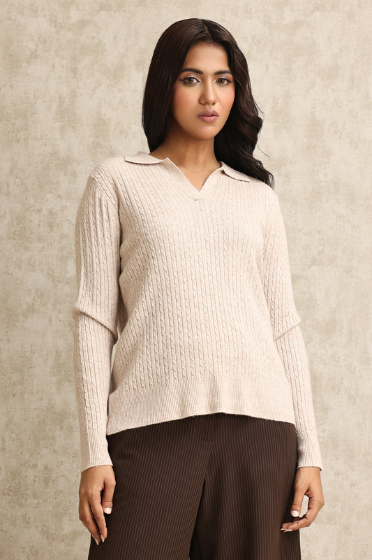 RIBBED V-NECK SWEATER-KHAKI