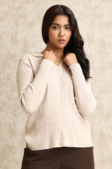 RIBBED V-NECK SWEATER-KHAKI